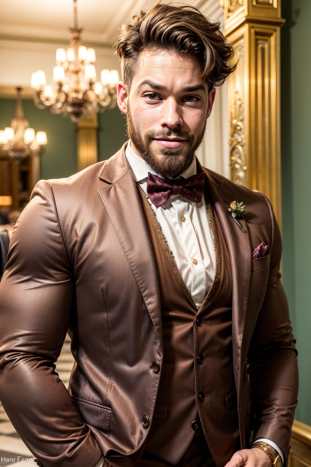 bconor, looking at you, hipster beard, brown hair, muscular, elegant, (shirt), bowtie, jacket, smile, palace, ballroom<lora:more_details:0.8>, <lora:Ben_Conor:0.8>