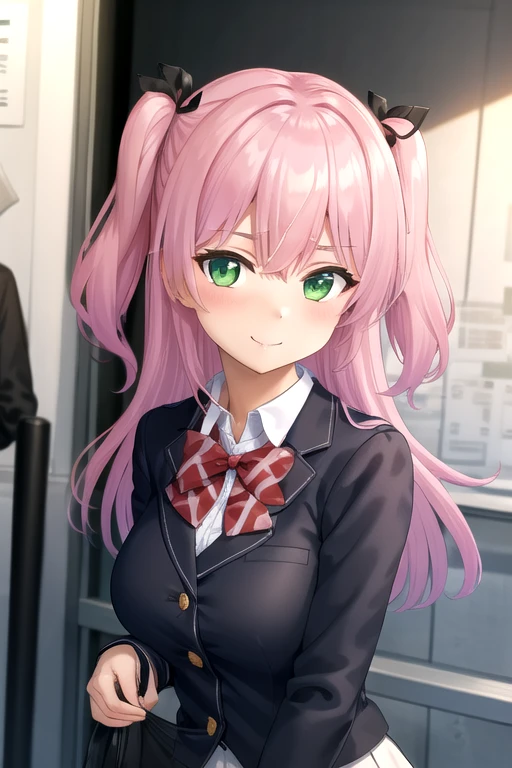 ((masterpiece)),(best quality),official art,extremely delicate and beautiful,extremely detailed CG,unity 8k wallpaper,ultra detailed,beautiful detailed eyes,extremely detailed face,outdoors,1girl,solo,upper body,(portrait:1.5),looking at viewer,facing viewer,smile,Yanagibashi Ayami,long hair,pink hair,twintails,two side up,hair ribbon,black ribbon,hair intakes,hair between eyes,bangs,green eyes,school uniform,black jacket,blazer,red bowtie,white shirt,collared shirt,long sleeves,large breasts,skindentation,miniskirt,white skirt,pleated skirt,zettai ryouiki,black thighhighs,loafers,black footwear,<lora:Yanagibashi Ayami(rk):0.6>,