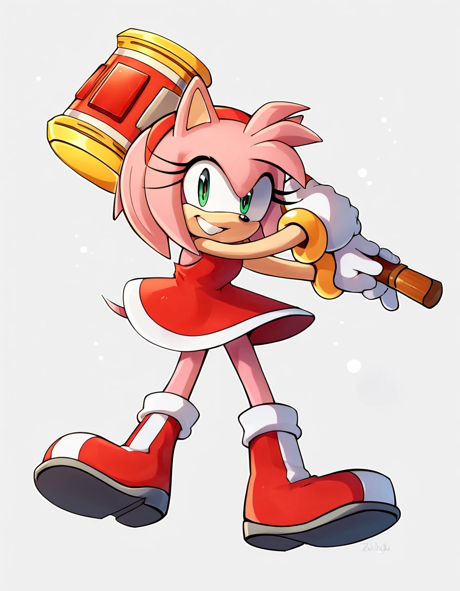 score_9, score_8_up, score_7_up, score_6_up, score_5_up, score_4_up, source_anime, AmyRose, looking at viewer, smile, weapon, holding weapon, happy, huge weapon, hammer, holding hammer