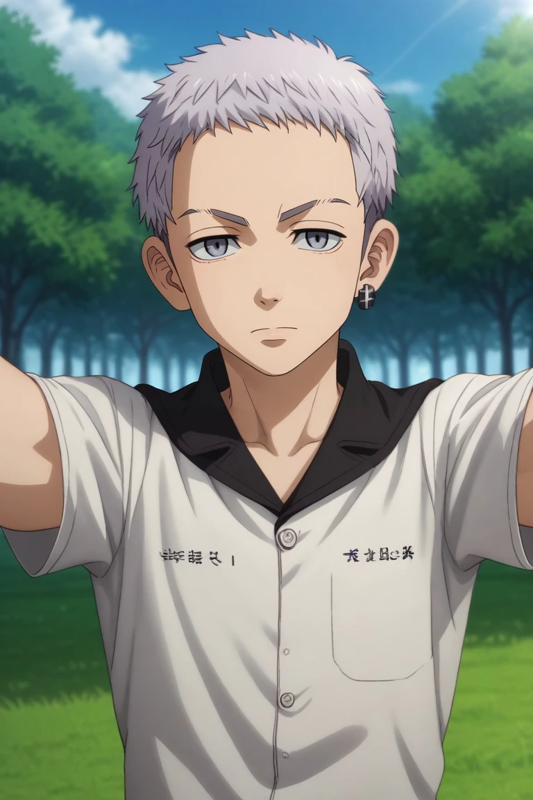 score_9, score_8_up, score_7_up, source_anime, rating_safe, , (photorealistic:0.6), looking at viewer, depth of field, 1boy, solo, male focus, <lora:takashi_mitsuya_pony:0.9>, takashi_mitsuya, grey hair, grey eyes, short hair, close-up, grass, tree, day, clouds, outstretched arms, expressionless, , <lora:sdxl_lightning_8step_lora:1>