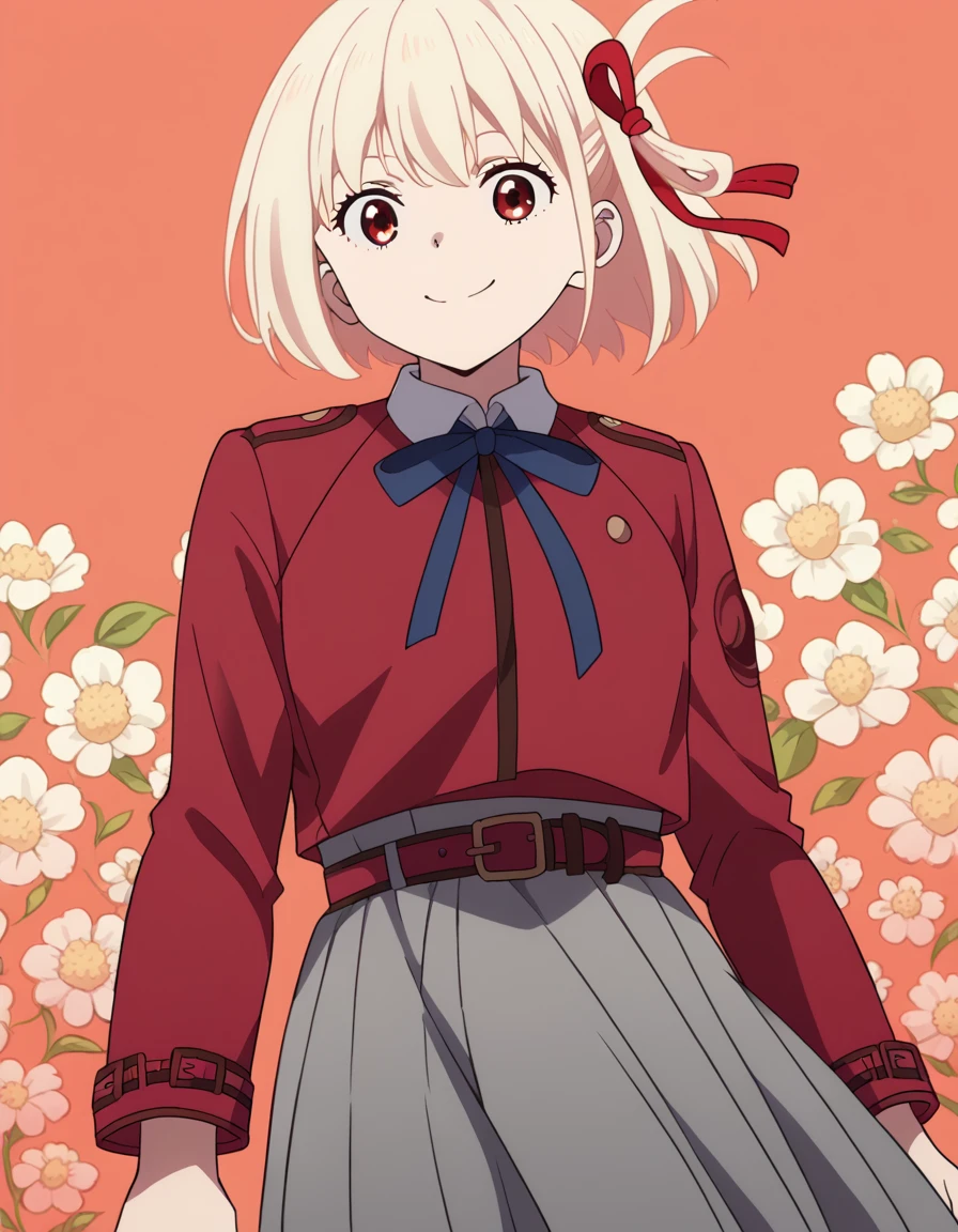 score_9, score_8_up, score_7_up, source_anime,
chisatonishikigi, <lora:chisato-nishikigi-s1-ponyxl-lora-nochekaiser:1>,
chisato nishikigi, short hair, bangs, blonde hair, red eyes, hair ribbon, one side up, bob cut,
shirt, long sleeves, dress, ribbon, white shirt, collared shirt, belt, neck ribbon, red dress, blue ribbon, pleated dress, grey dress, two-tone dress, red belt, lycoris uniform,
smile, <lora:floral-background-ponyxl-lora-nocheakaiser:1>, floral background,
looking at viewer, cowboy shot, dutch angle, solo,