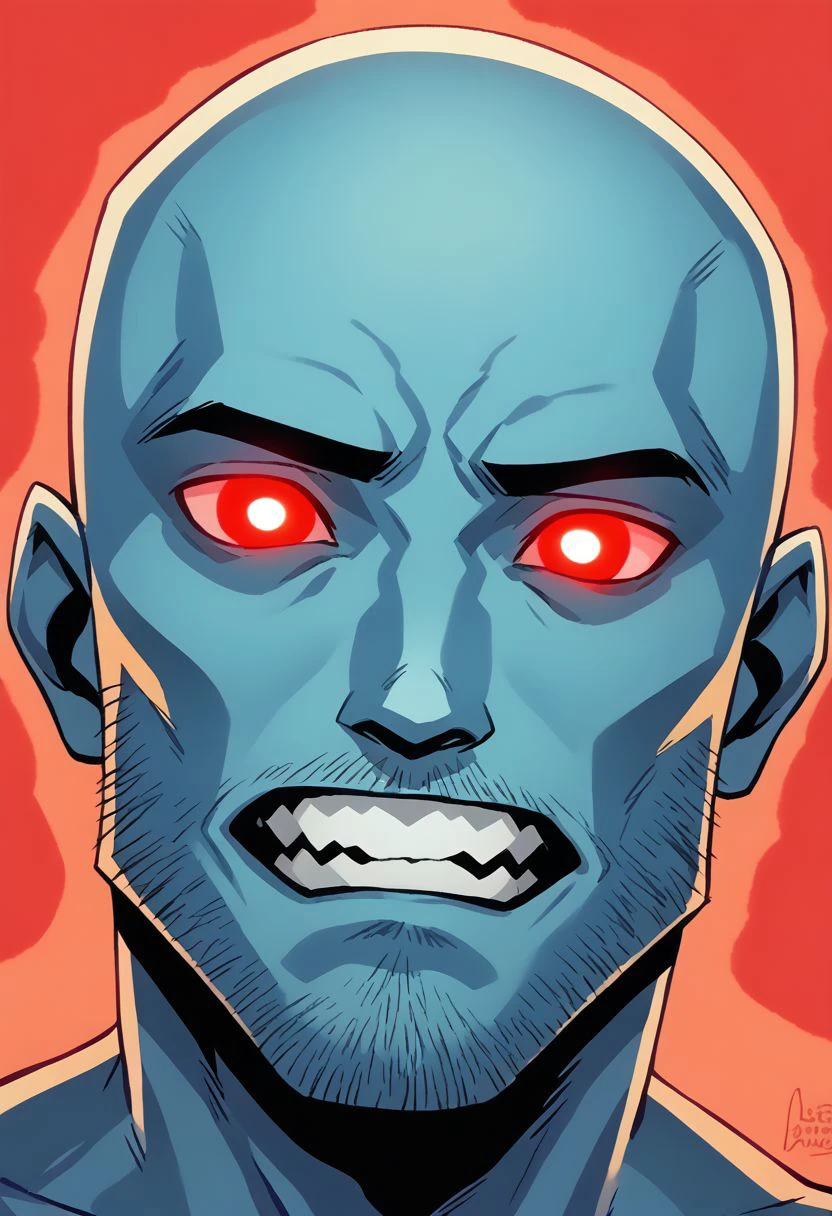 niji comix style, 1boy, male focus, solo, bald, no pupils, teeth, facial hair, third eye, red background, glowing, glowing eyes, colored skin, blue skin, collarbone, comic art style, illustration
 zPDXL2