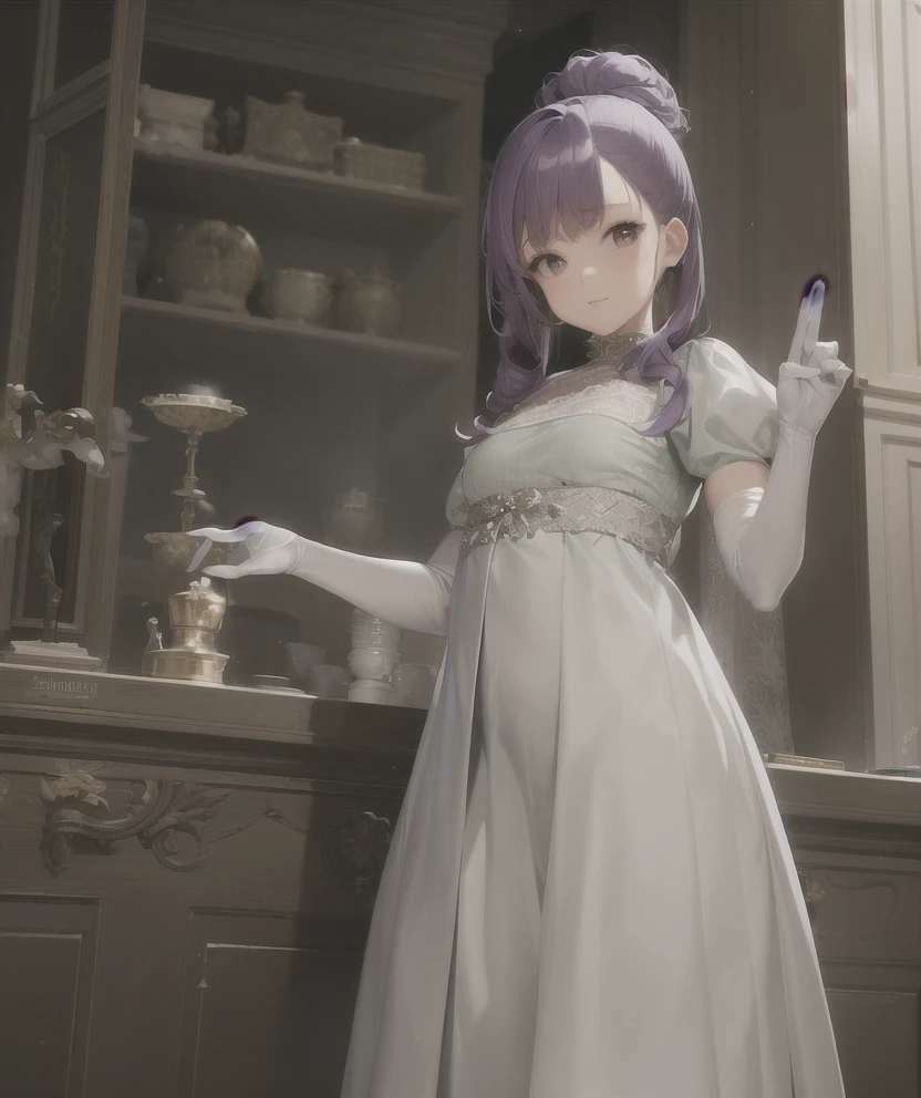 (masterpiece:1,2), best quality, masterpiece, highres, original, extremely detailed wallpaper, smooth skin, shiny skin, petite, purple hair, half updo, transparent gloves, transparent sleeves, lace neckline, <lora:Bridgerton_Dresses:0.65> , bridgerton dress, empire waist, bridgerton clothing, gloves, , from below, dynamic pose, puffy sleeves, white silk trim, pinstripe pattern dress, sage green skirt,