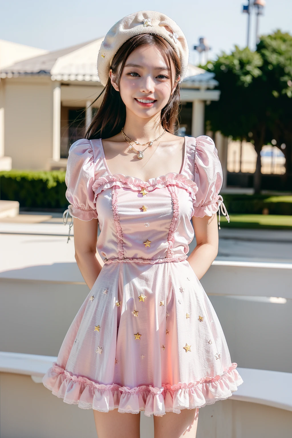 (best quality, photo realistic, hyper detail, sunlight ) 1girl,solo,brown hair,standing,outdoors,detailed skin,smile,pink collared dress short sleeve,bohemian flowers print,star necklace,cowboy shot,white beret,bokeh,film grain,<lora:Jennie-v2-1:0.9>,jennie,