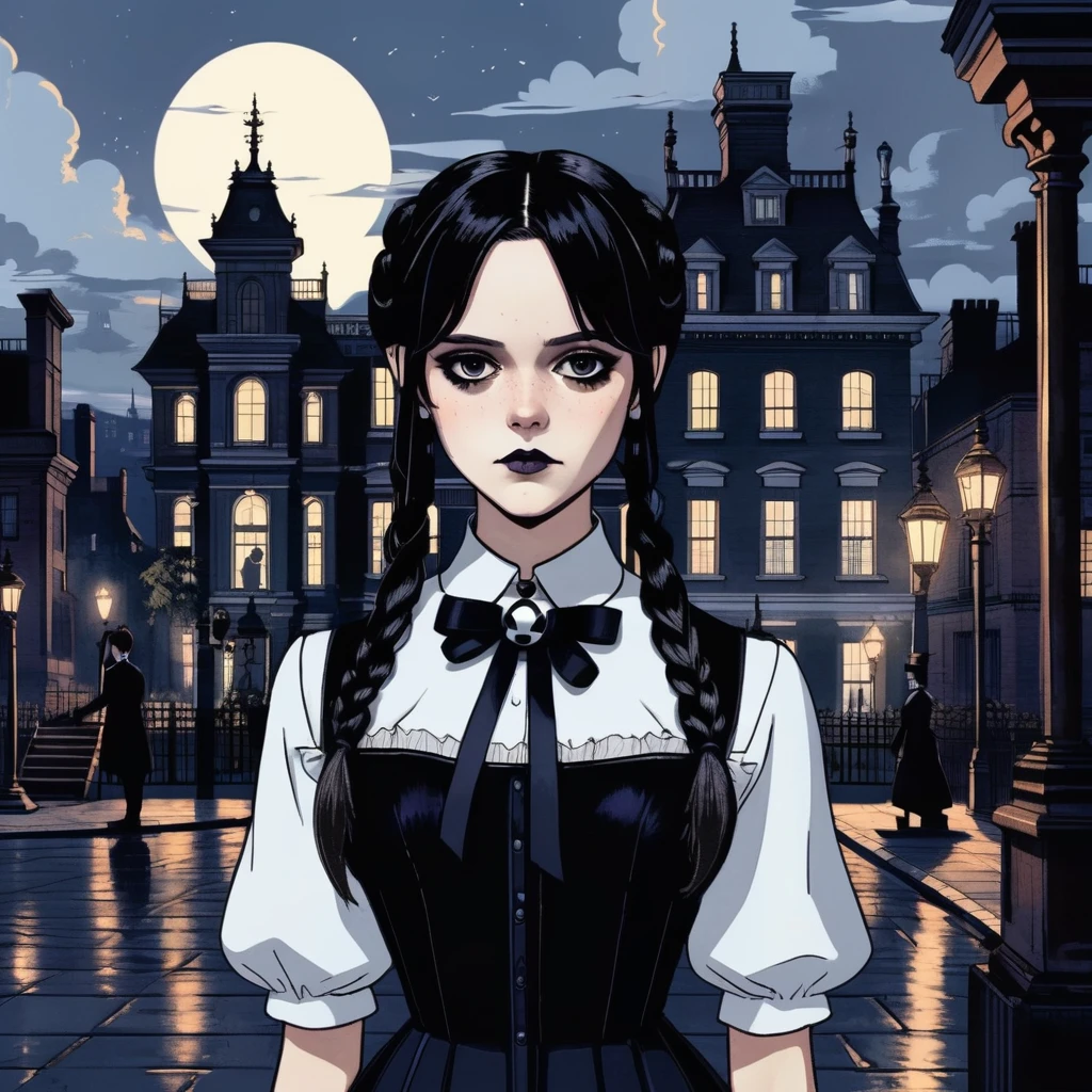 Studio ghibli style illustration of the face of adult Wednesday Addams with braided twintails looking at the viewer with a dark and gloomy victorian city square in the background, evening spooky atmosphere, jenxortega,  <lora:jenortega_juggerX_xl_1_st_wocap_merger_43prev_24_39_05_03_02-jenxortega:1.2>