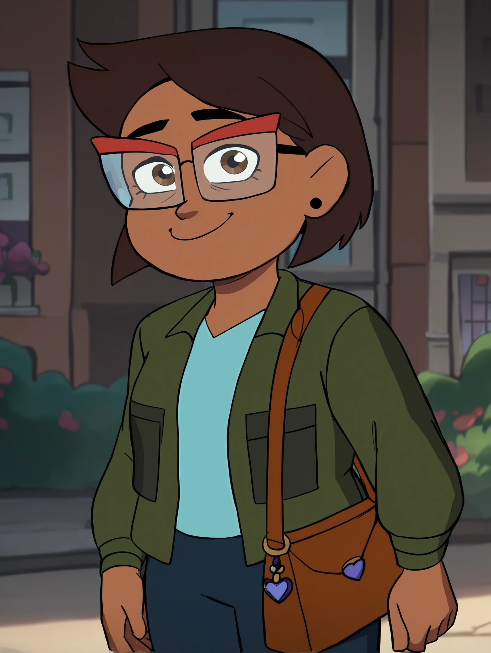 Camila, 1girl, solo, brown hair, glasses, earrings,smile, green jacket, short hair, brown eyes,bag, shoulder bag, blue shirt, pants, outdoors, long sleeves, standing <lora:CamilaPony1.0:1.0>, score_9, score_8_up, score_7_up, score_6_up, score_5_up, score_4_up, looking at viewer,, zPDXL <hypernet:bad-hands-5:1>