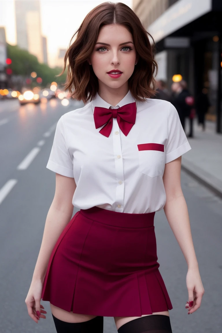 megwhite-306, , photo of a woman, ,beautiful picture, fully clothed, outside, ((bowtie, thighhighs, shirt, skirt)), city street, sunset, detailed, epic, closeup, ((detailed eyes, beautiful eyes, detailed face, beautiful face)),