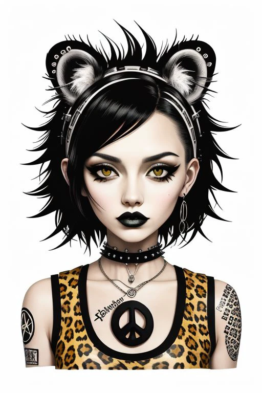 xerox of a leopard woman, covered in punk style art, goddess, collage, punk style, simple, popart, mixed media, iconic, peace, <lora:so77-sd1x-000008:1.0>