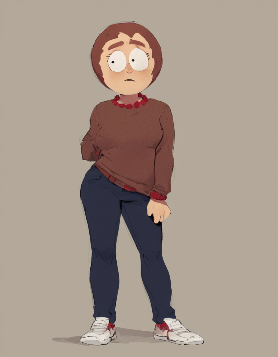 <lora:Sharon_Marsh_PonyXL:1> sharonmarsh, brown hair, 1girl, short hair, round head, big eyes, body, full body, brown sweater, pants, mature female, (flat colours:1.5), ( zPDXL BREAK , score_9, score_8_up, score_7_up:1)