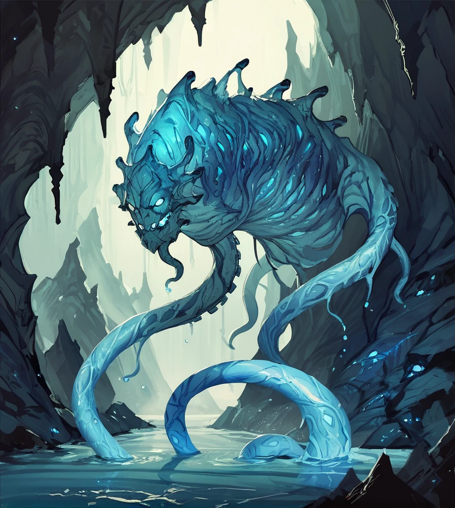 score_9, score_8_up, score_7_up, score_6_up, score_5_up, score_4_up,
<lora:water:0.6>,
watermode, , no humans, blue theme, tentacles, cave, blue skin, glowing, solo, water, monster