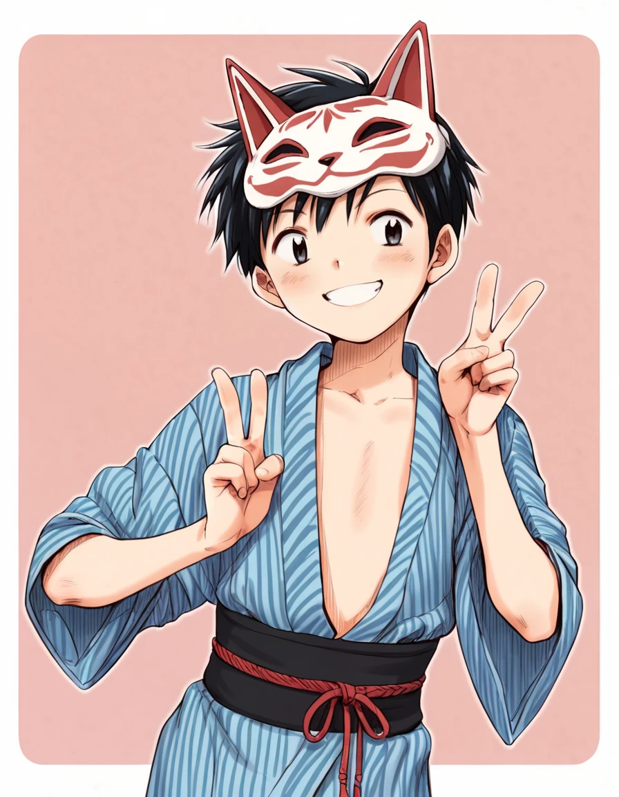 score_9, score_8_up, score_7_up, score_6_up, source_anime, pink background, white border, white outline, 1boy, solo, young, smile, japanese clothes, yukata, smiling, upper body, mask on top of head, peace sign  <lora:boys_factoryXL_AMXL_v3b:0.9>