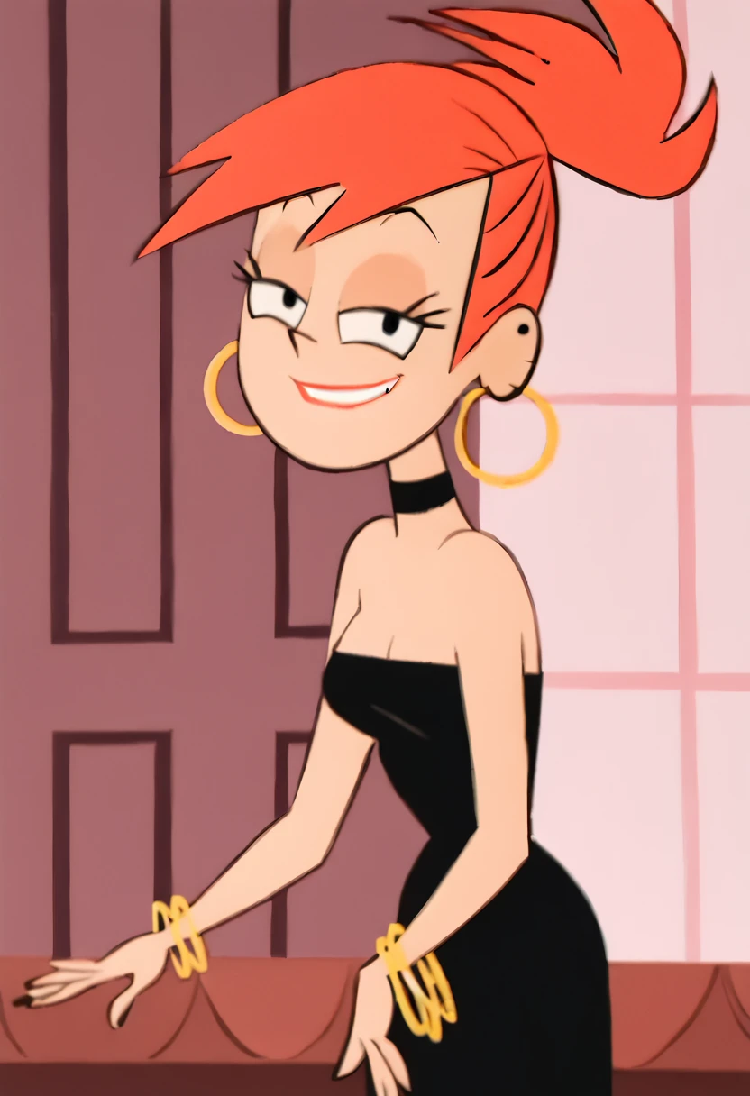 <lora:FrankiePony2.0:1> FrankieFoster, 1girl, lipstick, dress, black dress, solo, jewelry, red hair, smile, earrings, choker, hoop earrings, bangle, ponytail, high ponytail, bare shoulders,indoors, looking at viewer, score_9, score_8_up, score_7_up, score_6_up, score_5_up, score_4_up