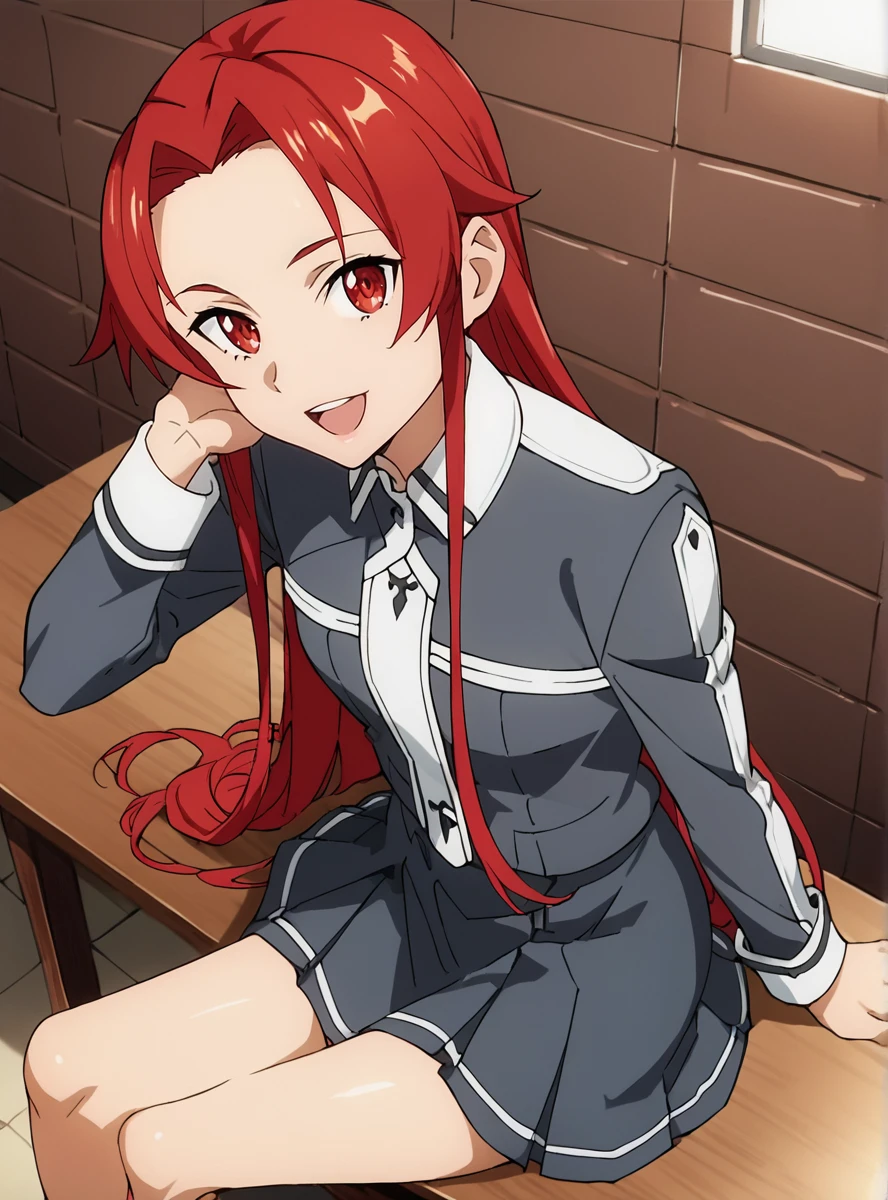 score_9, score_8_up, score_7_up, score_6_up, score_5_up, score_4_up , source_anime, anime screencap, <lora:TieseSao:0.8>tiesesao, long hair, red hair, red eyes, looking at viewer, school uniform, long sleeves, very long hair, skirt, pleated skirt, grey skirt,smile open mouth,sitting, crossed legs, from above, looking at viewer,