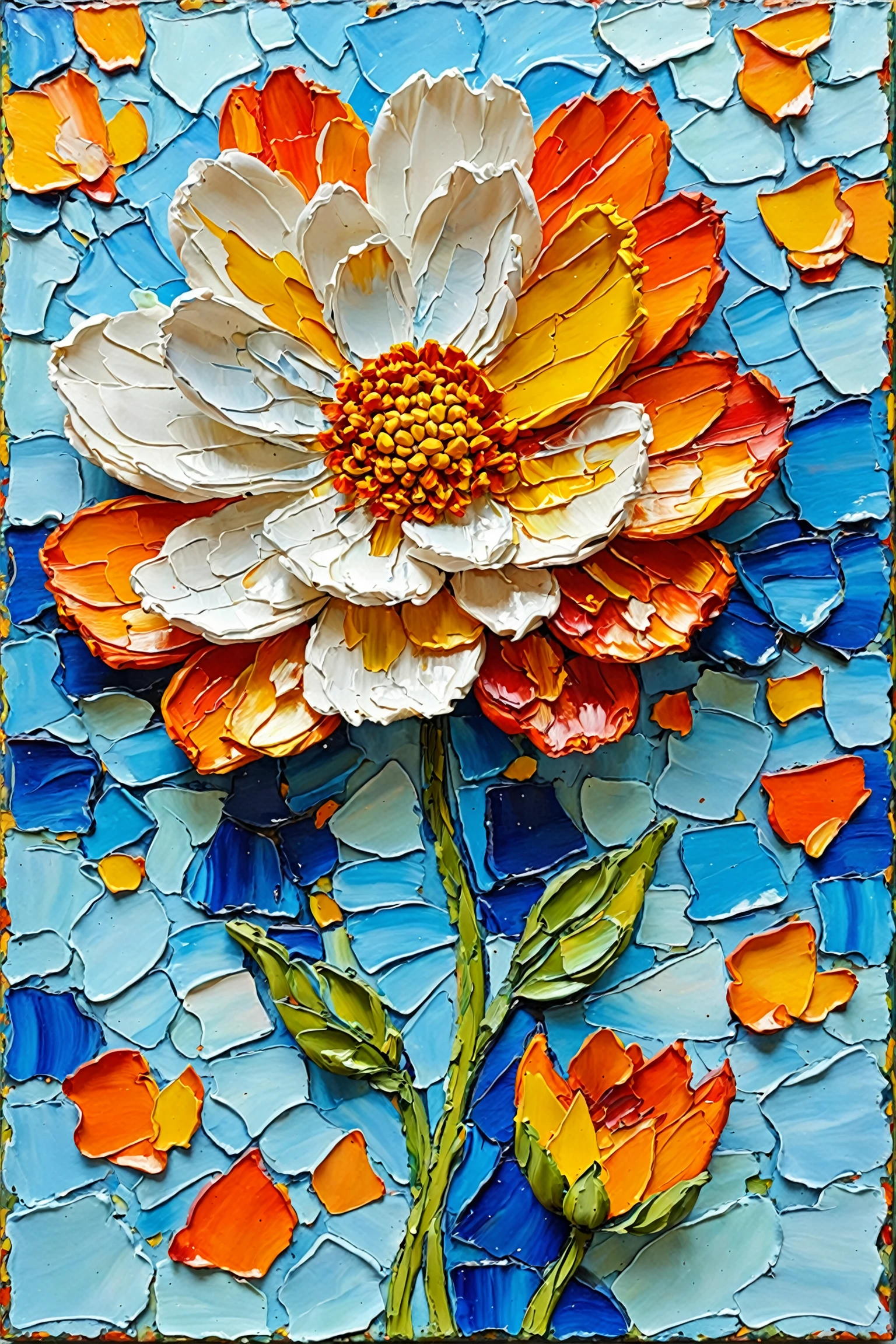 A vibrant and textured painting of a flower. The flower is predominantly white with shades of orange and yellow petals. The center of the flower is a bright orange cluster. Surrounding the flower are blue petals with scattered orange and red spots. The background is a mosaic of blue shapes, possibly representing water or a sky. The painting technique appears to be thick and impasto, with paint applied in layers, giving it a three-dimensional effect.<lora:EMS-387362-EMS:0.800000>