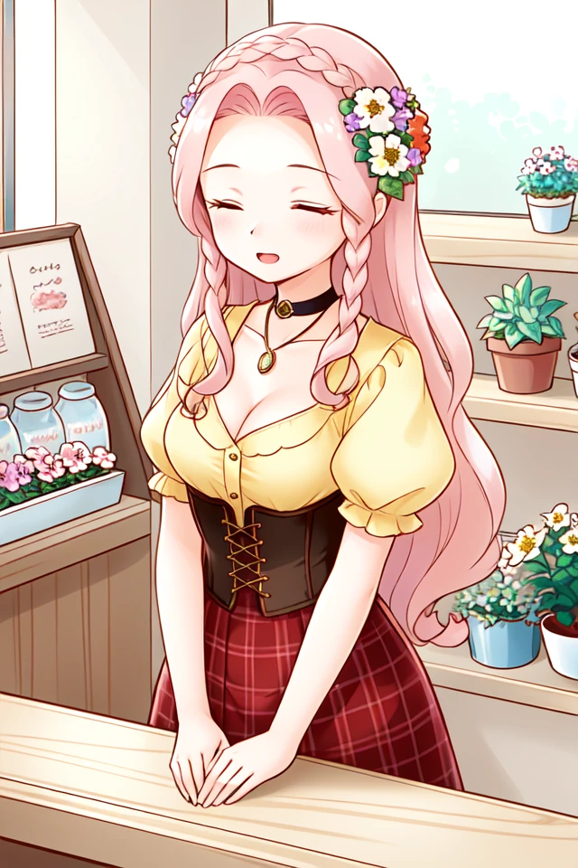 1 girl, indoors, ((flowers)), potted plants, behind counter, hands on counter,
<lora:Harvest_Moon_Hero_of_Leaf_Valley_-_Lyla:0.4> holvlyla, pink hair, long hair, wavy hair, braid, sidelocks, hair flower, closed eyes,
choker, pendant, yellow blouse, cleavage, puffy sleeves, short sleeves, corset, red skirt,