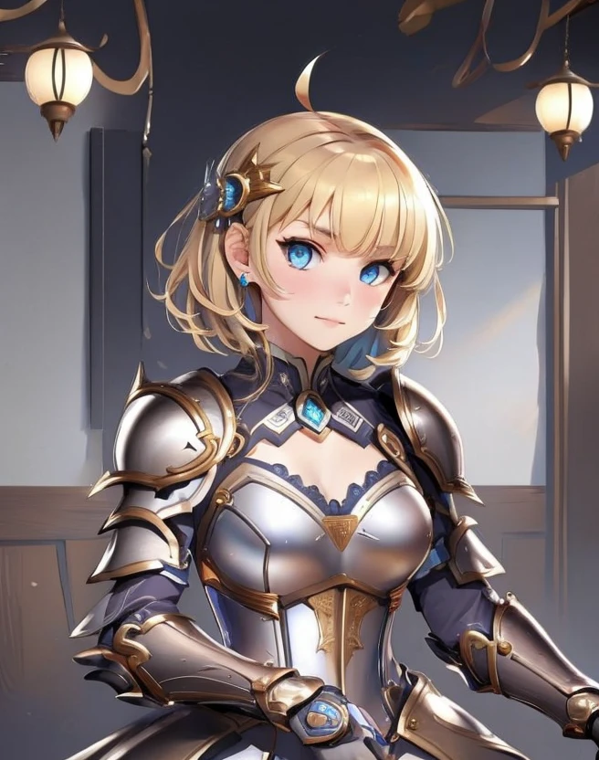 <lora:M1911_Girls_Frontline:1> m1911,blue_eyes, blonde_hair, short_hair, bangs,<lora:ThroneRoom:1> , throneroom,  <lora:armored_dress:0.74> armored dress, armored_dress, medium shot, ahoge, best quality, masterpiece, detailed, 8K, uhd, (extremely detailed CG unity 8k wallpaper),(masterpiece), (best quality), (ultra-detailed), (best illustration), detailed face, skin pores, detailed skin, detailed eyes, high quality eyes, good quality hands, high resolution, great anatomy