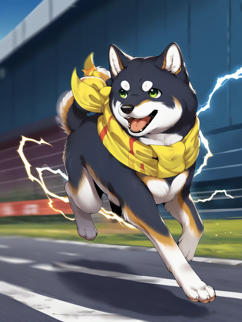 score_9, score_8_up, score_7_up, ,anime style,rating_safe,,BREAK,
<lora:shiba_kuroi_nijisanji:1>,shibakuroi, dog, shiba inu, animal, yellow scarf, ,
<lora:Superspeed:1>,running, electricity, motion blur,