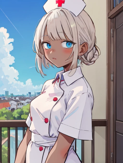 (masterpiece, high quality,:1.4), BREAK,
1girl,
vermilion hair, Dutch Braid Updo with Decorative Pins, bob cut, sky blue eyes, dark skin, dark-skinned female, nurse, small breasts,