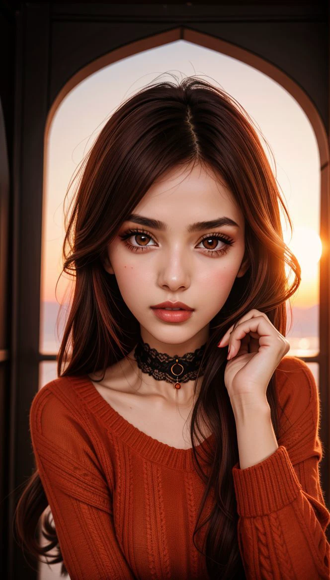 1 young cute iranian girl, very slim, skinny, redhead, rouge, red neck lace choker, cateyes makeup, colorful, oversize knit jumper, softcore, warm lighting, cosy atmosphere, Instagram style, red theme, upper body shot,(cinematic, black and red:0.85), (sunset beautiful background:1.3), sharp, dim colors