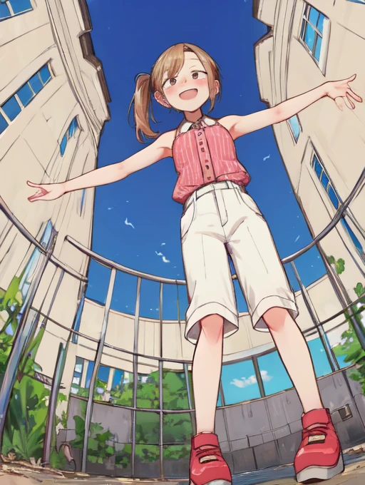 (masterpiece, high quality,:1.4), BREAK,
1girl, solo, skinny, slender,
sleeveless,
bellbottoms,
stifled laugh,
red,
strawberry blonde,
side ponytail,
outstretched arm / outstretched arms,
closed mouth ,
BREAK,
from below,
jewish temple,