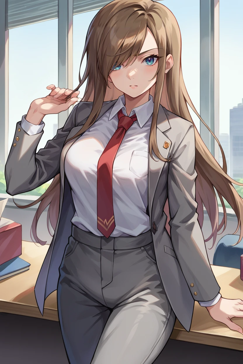 score_9, score_8_up, score_7_up, score_6_up, source_anime BREAK 1girl, solo  <lora:teargrants-pdxl-nvwls-v1-000005:1> tgrants, brown hair, hair over one eye, grey jacket, formal, white shirt, collared shirt, red necktie, grey pants, office, looking at you, medium breasts