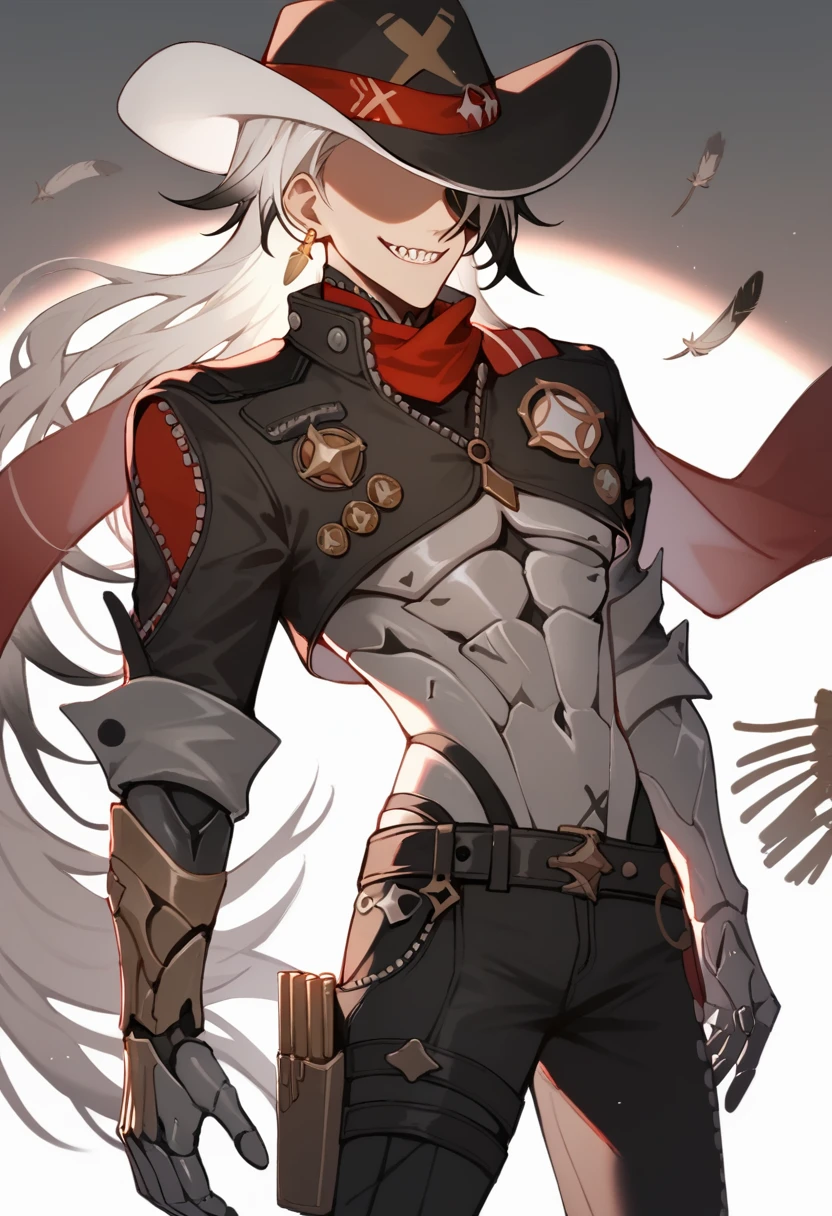 score_9,score_8_up,score_7_up,<lora:boothill_pony:1>,1boy,absurdres,armor,black_belt,black_hair,black_hat,black_jacket,black_pants,boothill_\(honkai:_star_rail\),bullet_earrings,covered_eyes,cowboy_hat,cowboy_shot,facing_viewer,grin,hat_feather,highres,holstered,male_focus,mechanical_arms,mechanical_hands,red_scarf,sharp_teeth,simple_background,sleeves_rolled_up,solo,symbol-only_commentary,unzipped,very_long_hair,white_background,white_hair,