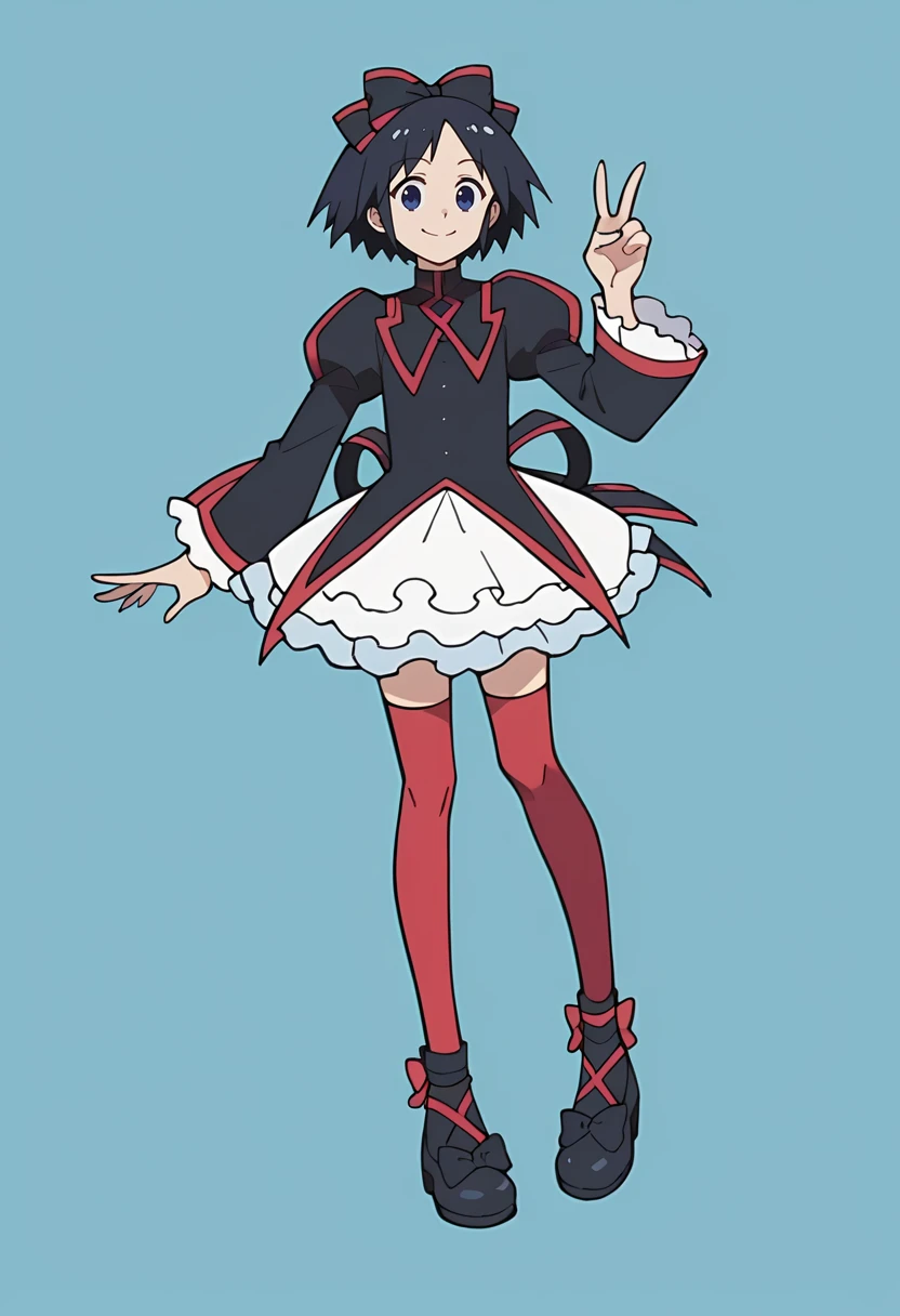 score_9, score_8_up, score_8, source_anime, 1girl, <lora:ChiyokoKurotori:0.9> short hair, black hair, blue eyes, bow, hair bow, dress, red thighhighs, ribbon, full body, smile, v sign,
light blue background, simple background,