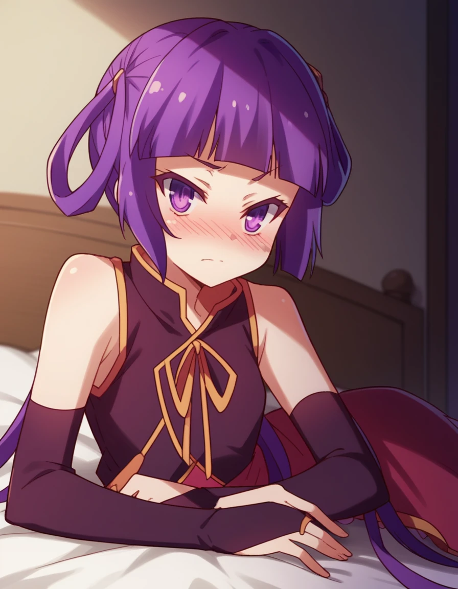 score_9, score_8_up, score_7_up, source_anime,
chlammyzell, <lora:chlammy-zell-s1-ponyxl-lora-nochekaiser:1>,
chlammy zell, long hair, purple eyes, purple hair, bangs, blunt bangs, twintails, hair rings,
detached sleeves, bridal gauntlets, gloves, dress, elbow gloves,
indoors, bed, bed room, on side, blush, drunk,
cowboy shot, looking at viewer, solo, dutch angle,