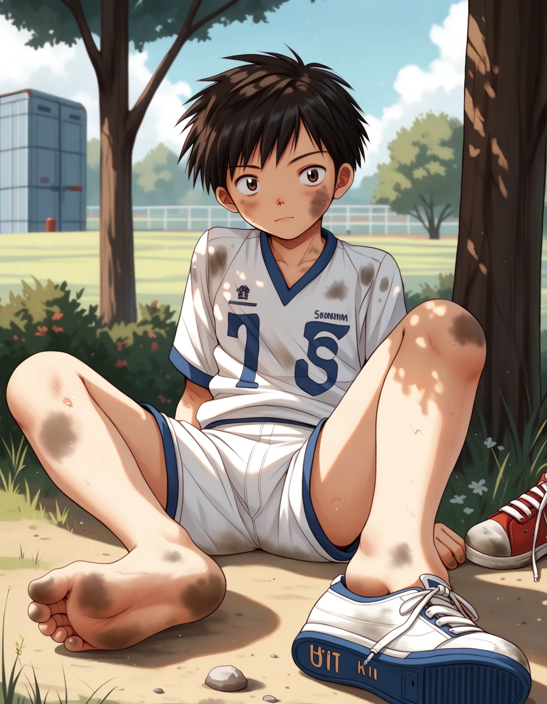 score_9, score_8_up, score_7_up, score_6_up, source_anime, outdoors, field, tree, shade, fisheye, foreshortening, 1boy, solo, young, sitting, foot focus, soccer uniform, dirty, taking off shoes, sneakers, looking at viewer, barefoot, sole <lora:boys_factoryXL_AMXL_v3b:0.9>