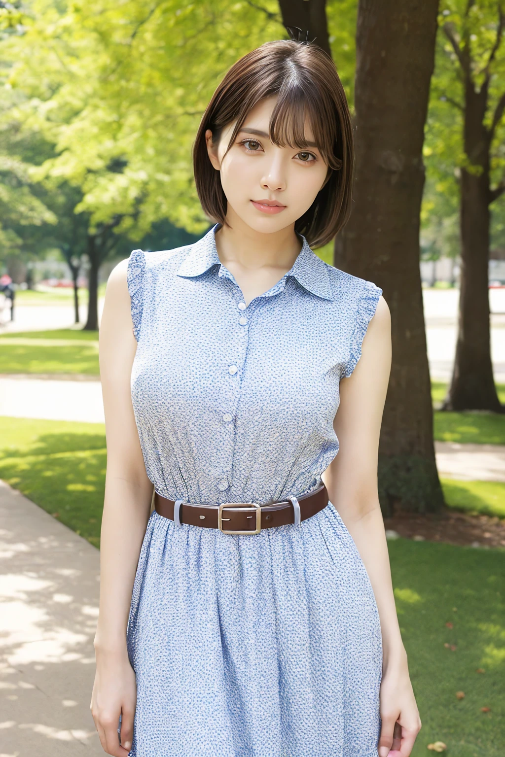 1girl, maitsubasa_jav, breasts, short hair,  brown eyes,
wearing collared flower dress, belt, jewelry, sittiing, in a park,
detailed body, attractive body, perfect human body,cowboy shot,
looking at viewer, shot using canon DSLR,
(ultimate quality, masterpiece, highres:1.0), realistic:1.0, photorealistic,   <lora:JAV_mai_tsubasa_v1_epoch_12:0.8>