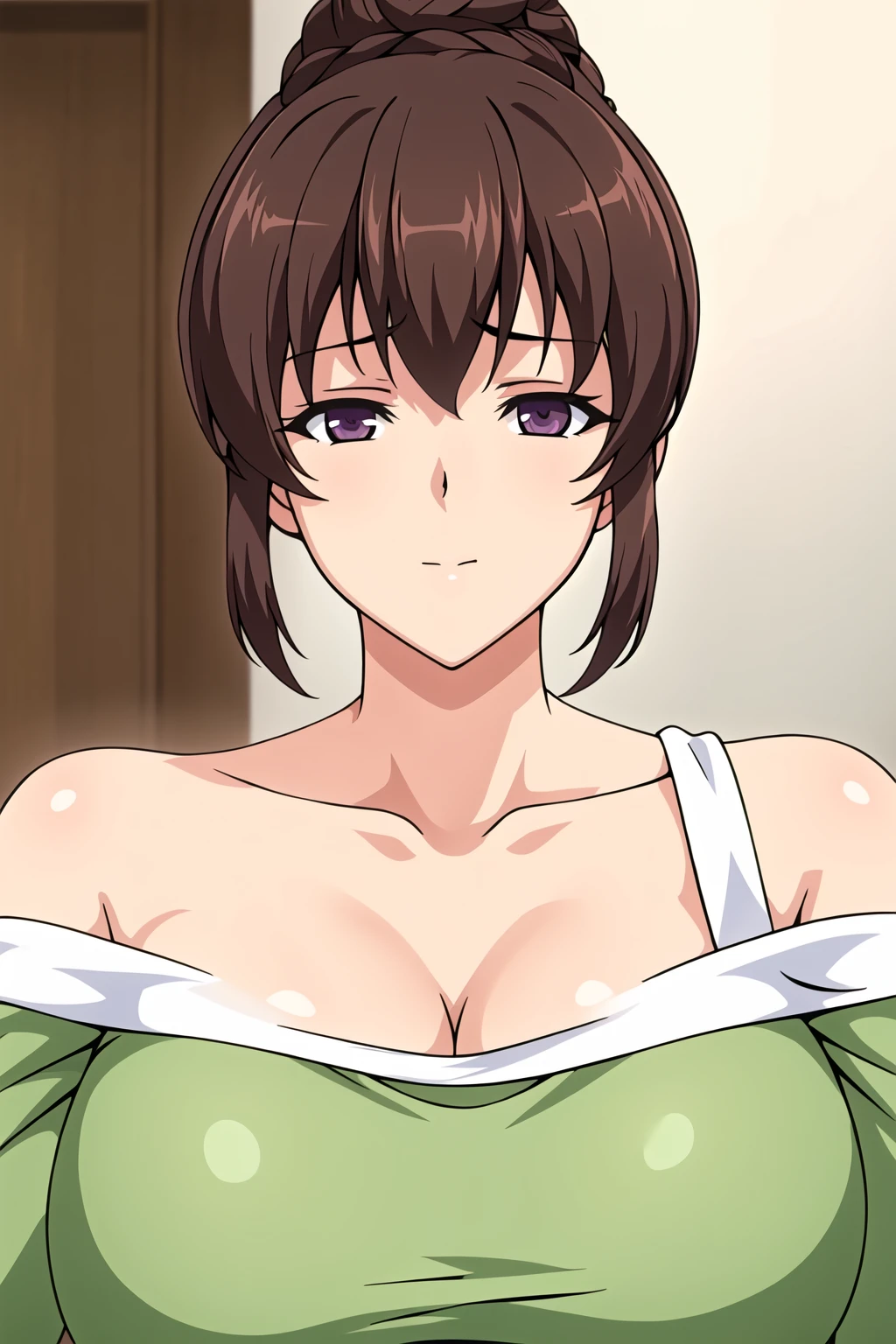 Simple green Background,
dynamic pose,standing at attention,
bare shoulders,green shirt ,long sleeves, collarbone, cleavage, strapless, 
<lora:Katsuragi_Shouko_JitakuKeibiin-KK77-V3:0.7>,
brown_hair,short_hair,hair bun,bangs,purple eyes,
<lora:more_details:0.1>,<lora:Oda_Non_Style-KK77-V2:0.3>,<lora:Sexy_AIart-KK77-V1:0.3>,
1 girl, 20yo,Young female,Beautiful long legs,Beautiful body,
Beautiful Nose,Beautiful character design, perfect eyes, perfect face,expressive eyes,perfect balance,
looking at viewer,(Focus on her face),closed mouth, (innocent_big_eyes:1.0),(Light_Smile:0.3),
official art,extremely detailed CG unity 8k wallpaper, perfect lighting,Colorful, Bright_Front_face_Lighting,White skin,
(masterpiece:1.0),(best_quality:1.0), ultra high res,4K,ultra-detailed,
photography, 8K, HDR, highres, absurdres:1.2, Kodak portra 400, film grain, blurry background, bokeh:1.2, lens flare, (vibrant_color:1.2),professional photograph,
(Beautiful,large_Breasts:1.4), (beautiful_face:1.5),(narrow_waist),