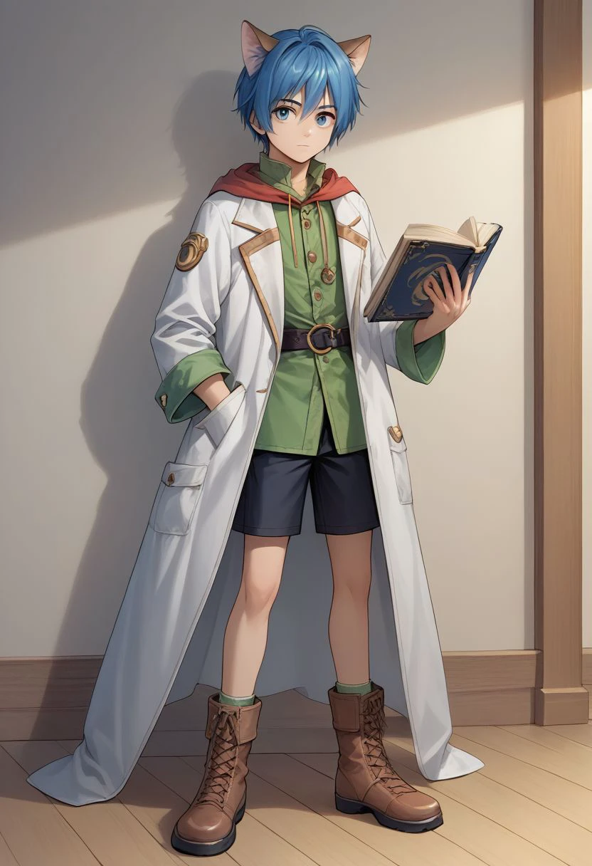 score_9, score_8_up, source_anime, highly detailed, slender, skinny, cute,
leon, 1boy, animal ears, male focus, solo, blue hair. blue eyes, full body, book, cat ears, shorts, coat, white coat, hood, vest, green vest, hand in pocket, boots, holding book,
indoor,