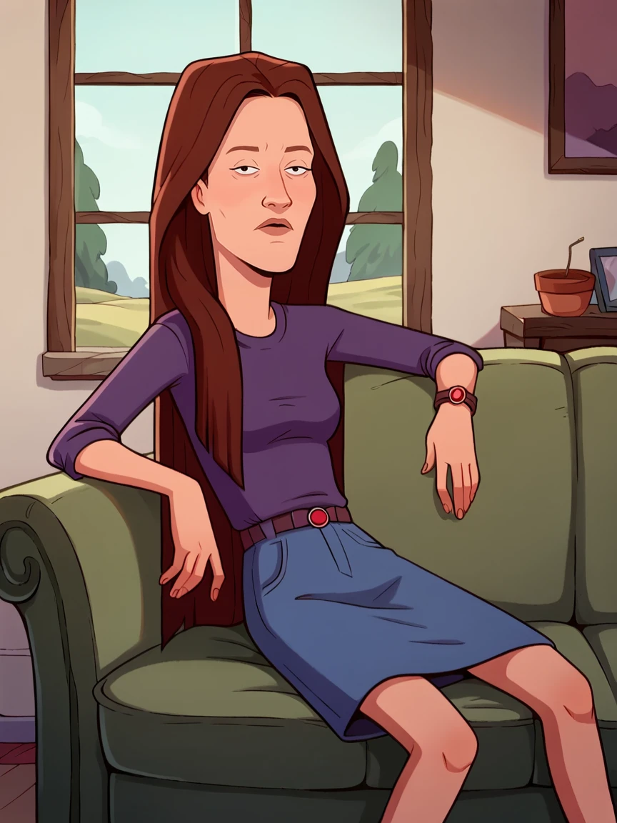 score_9, score_8_up, score_7_up, source_cartoon, <lora:MJudg3XLP:1> (mjudg3, the king of the hill:2), 1girl, solo, couch, long hair,