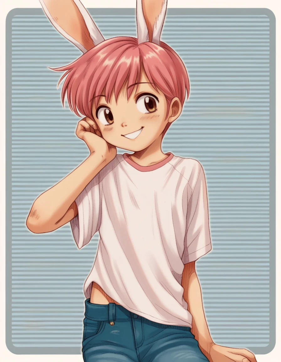 score_9, score_8_up, score_7_up, score_6_up, pastel colors, striped background, white border, white outline, 1boy, young, solo, pink hair, rabbit ears, white shirt, pink t-shirt, grabbing own ears, pants, smile, cute <lora:boys_factoryXL_AMXL_v3b:0.95>