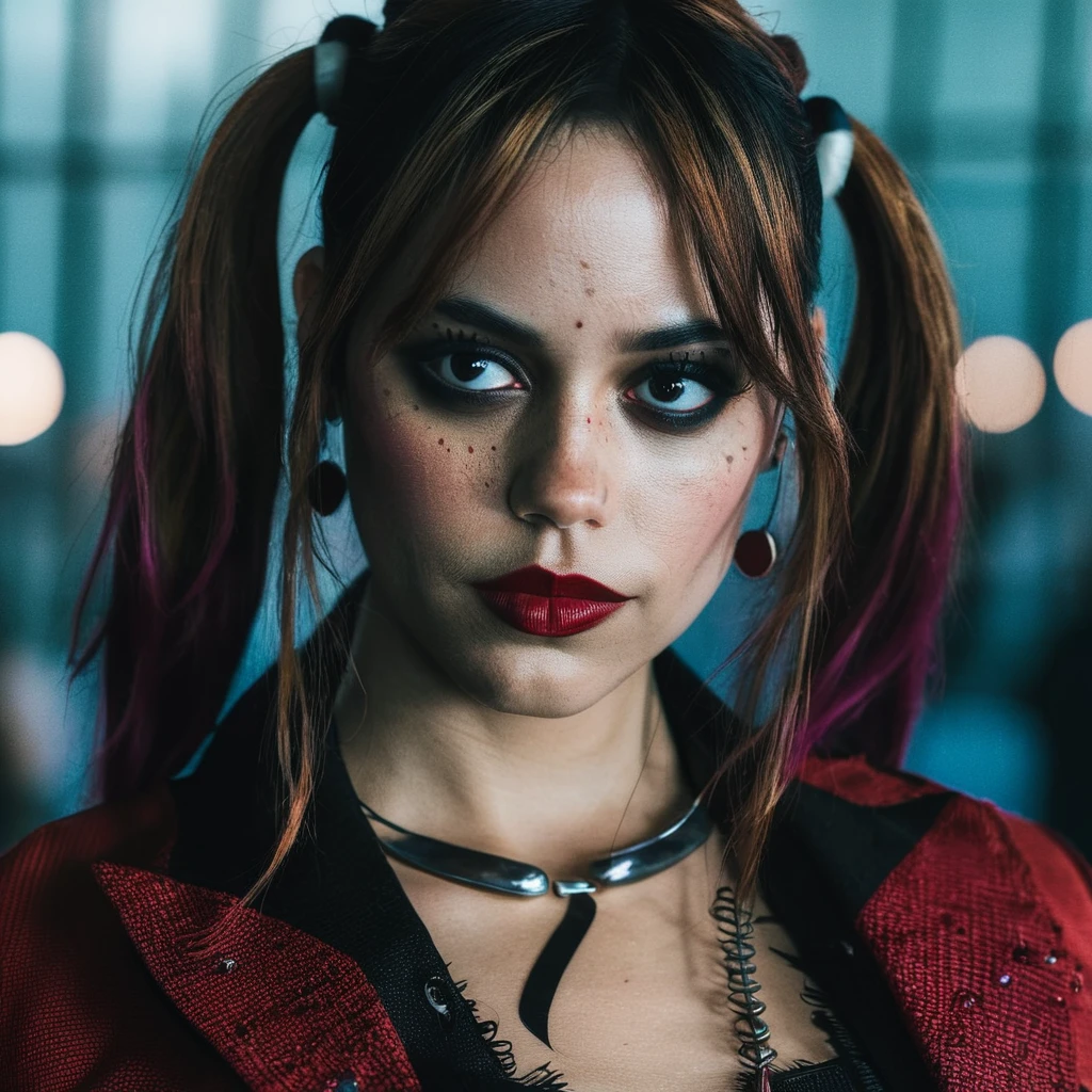 High res closeup portrait photo of an actress dressed as Harley Quinn, f /2.8, Canon, 85mm,cinematic, high quality, skin texture, looking at the camera, jenxortega, <lora:jenortega_juggerX_xl_1_st_wocap_merger_43prev_24_39_05_03_02-jenxortega:1>
