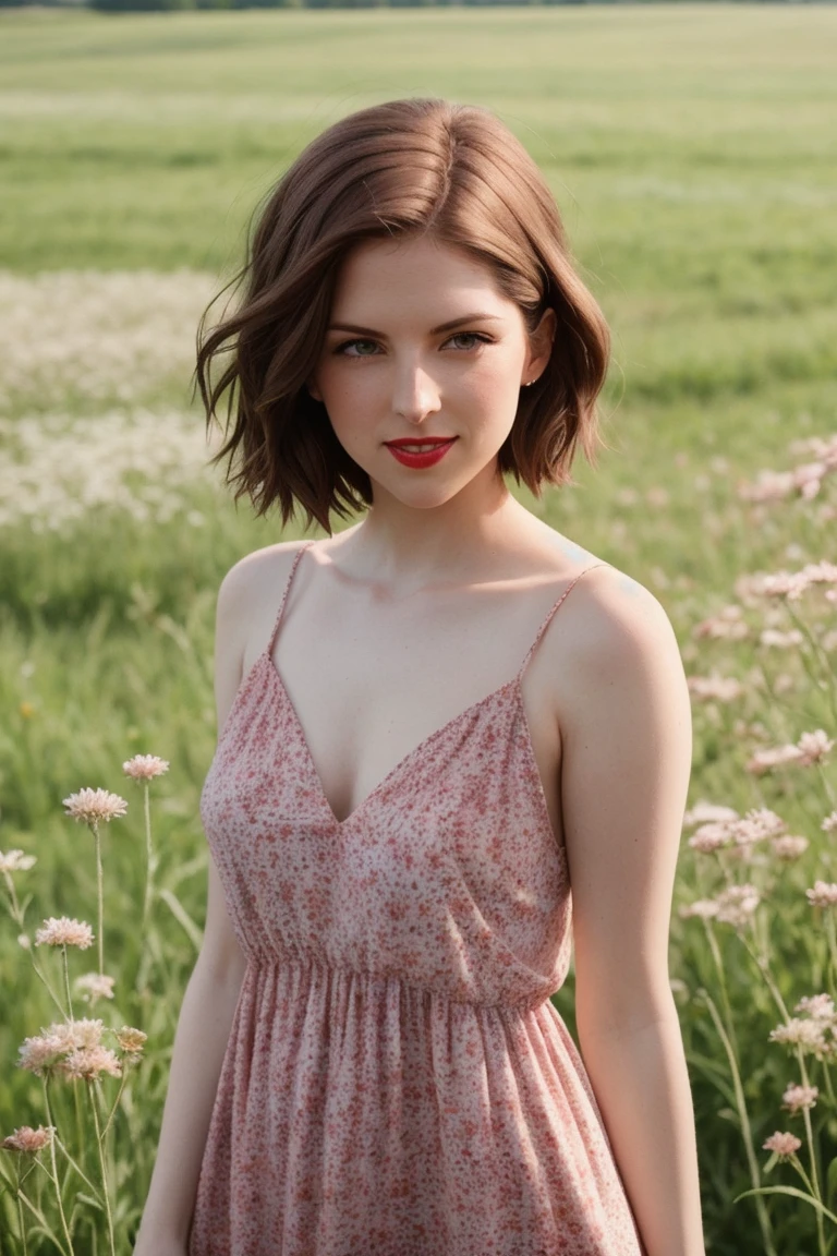 ak, ,photo of a woman, RAW, close portrait photo, ((beautiful floral print sundress)),((short hair, pixie cut)), ((outdoors, gorgeous meadow, walking)), ((detailed skin, detailed face):1.2), ((detailed eyes, beautiful eyes)), 8k uhd, dslr, soft lighting, high quality, film grain, Fujifilm XT3 sharp focus, f 5.6,((red lipstick, blush)) , slight smile