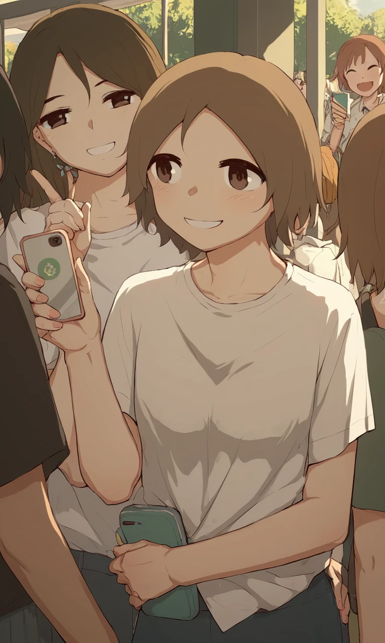 score_9, score_8_up, score_7_up, score_6_up, score_5_up, score_4_up, avogado6 style , brown hair, multiple boys, phone, shirt, multiple girls, smile, symbolism, cellphone, white shirt, holding