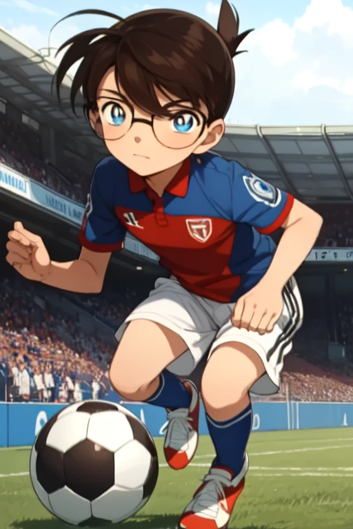 solo, 1boy, black glasses, blue eyes, brown hair, soccer uniform, red shoes, holding soccer ball, soccer studium