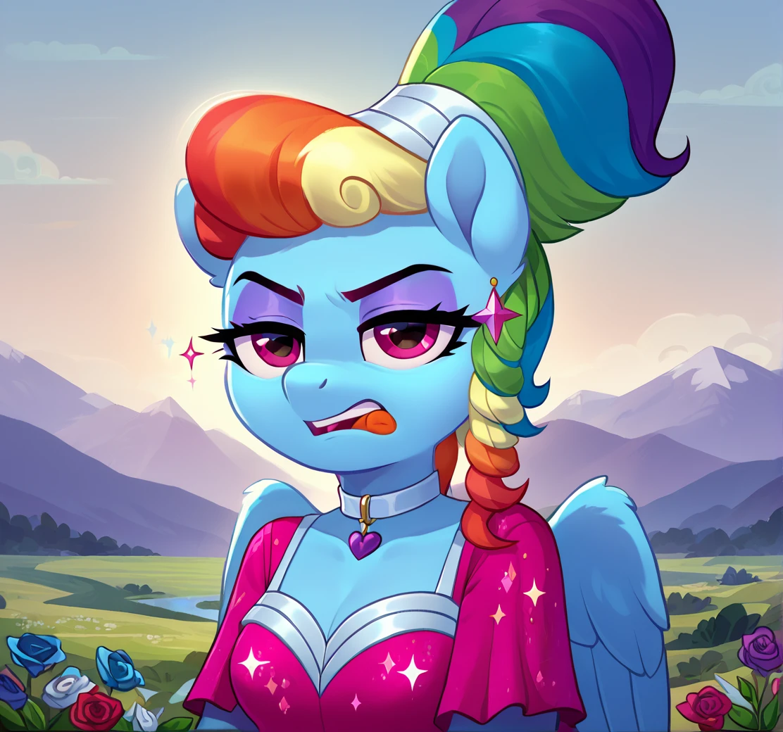 score_9, score_8_up, score_7_up, solo, source_anime, 8k, absurdres, anthro pony, (rainbow dash:1.1),(eyeshadow:1.3),  (sparkle's seven:1.3), 
bustier, (decorated bustier:1.3), looking at you, landscape, dress, pouting, annoyed, tongue out, open mouth
choker, collar, straps, fishnets, <lora:Rainbow_dash_tall_hairdo:0.9>