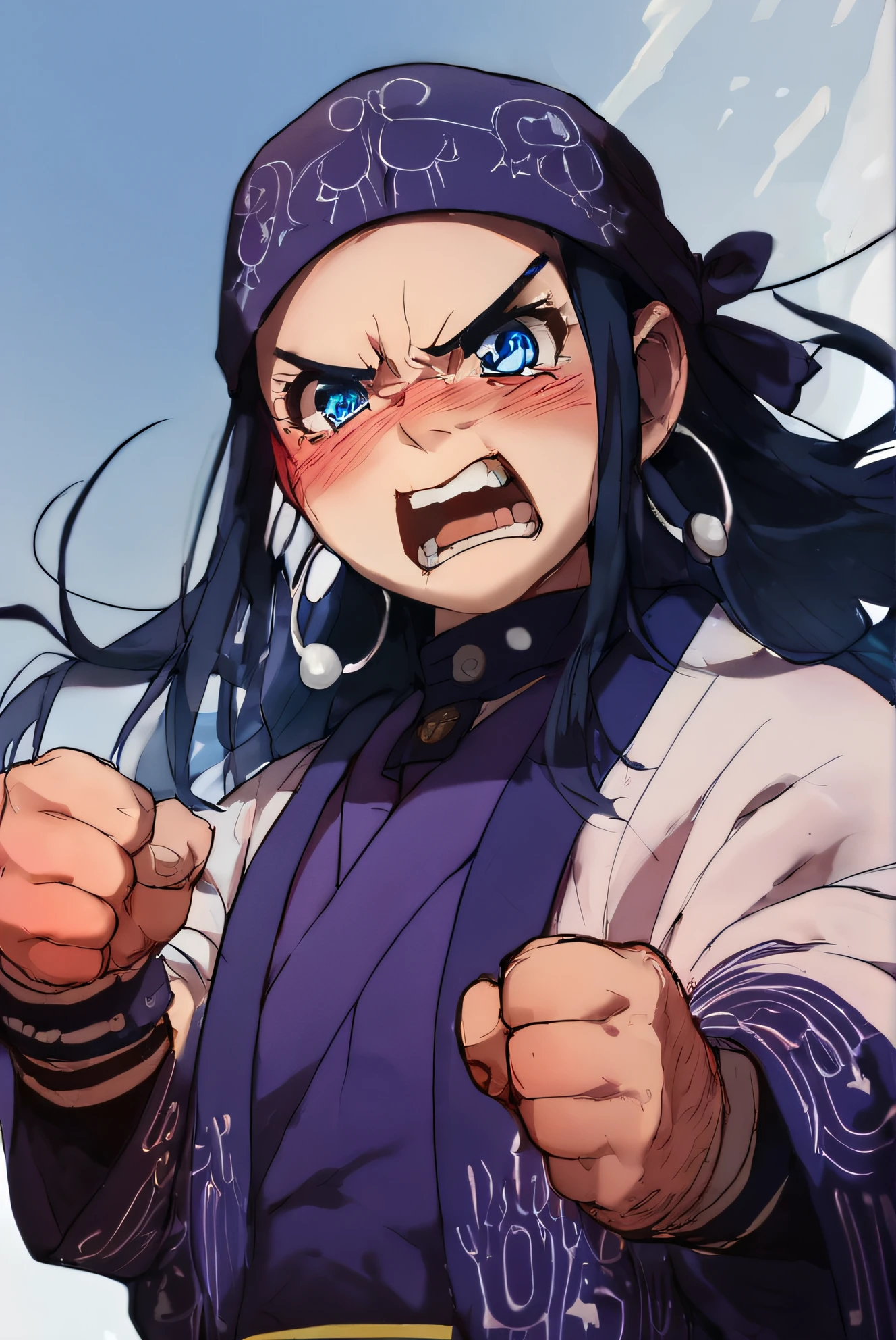 score_9,score_8_up,score_7_up,
asirpa, 1girl, solo, long hair, blush, open mouth, blue eyes, black hair, blue hair, jewelry, earrings, teeth, parody, angry, clenched hands, hoop earrings, bandana headband, ainu clothes, <lora:asirpa-10:1>