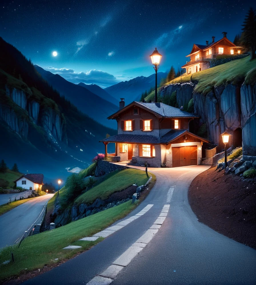 masterpiece,high resolution,detailed,
<lora:earth_xl:0.8>
earthmode, , no humans, scenery, outdoors, sky, lamppost, night, road, building, night sky, house in the mountain