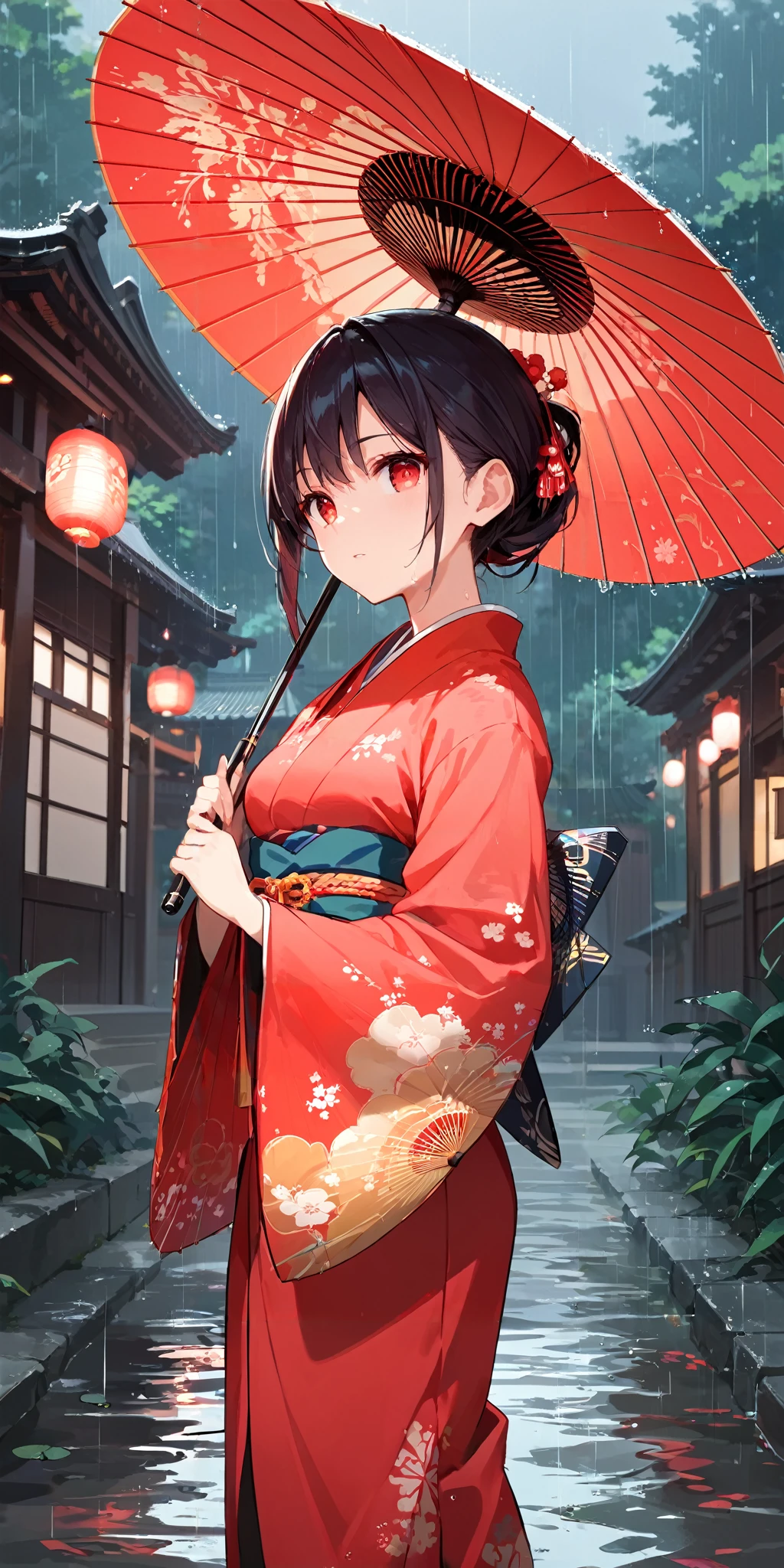 score_9, score_8_up, score_7_up,source_anime, high res image,masterpiece,best quality,girl,cute face,clear skin,shiny hair,ultra detailed eyes,simple background, <lora:wagasa_Pony_V1.0:1> wagasa, oil-paper umbrella, japanese clothes,rain,temple