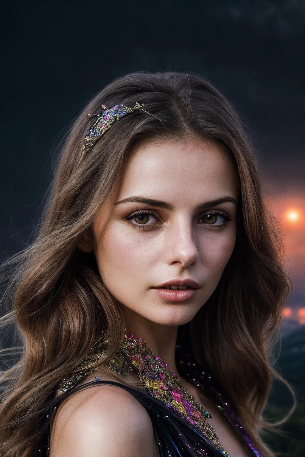 ElleT_SoloTI_v1,
(Flowing silk chiffon costume adorned with shimmering sequins and intricate embroidery, cascading veils framing her graceful movements, jingling coin hip scarf accentuating her rhythmic steps, hair adorned with colorful flowers and adorned with jewels), (Sinister castle looming over a desolate landscape, lightning crackling across the sky, the eerie howl of distant wolves, minions scurrying to fulfill her commands, the air thick with the scent of ancient magic and impending doom:1.3), (seductive:1.3),(analog, cinematic, film grain, hazy atmosphere, cinematic shot:1.3),
<lora:add_detail:0.7> <lora:LowRa:0>, PA7_Portrait-MCU,