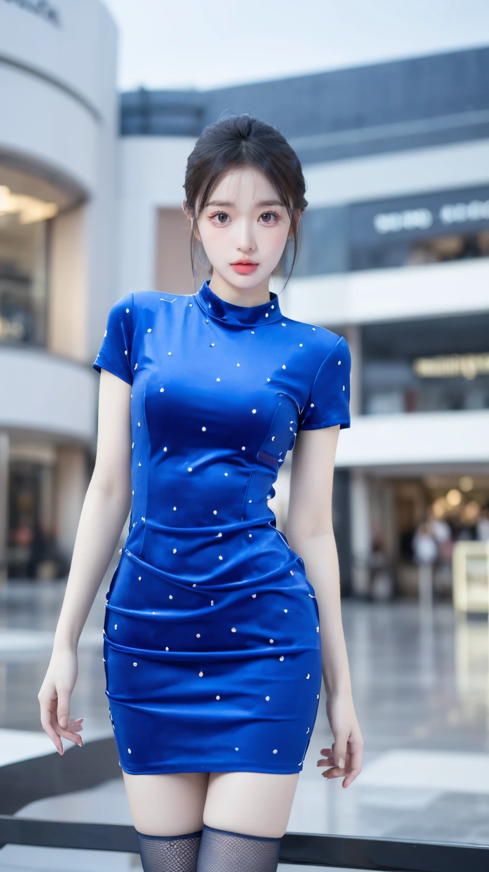 (masterpiece, best quality:1.2),bright colors,solo,photo_,(1girl:1.3),(standing:1.3),(looking at viewer:1.4),Elegant,detailed gorgeous face,(upper body:1.1),realistic,(mall background:1.4),,MIS,blue dress,thighhighs,short sleeves,<lora:MIS69:0.75>