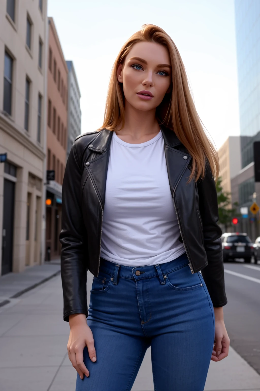 <lora:mondongo_LoRA_LacyLennon:0.95> mndngwmn, (ultra realistic, 8k,high quality), natural lighting,, wearing a leather jacket,white t-shirt, jeans, on a city downtown, daytime