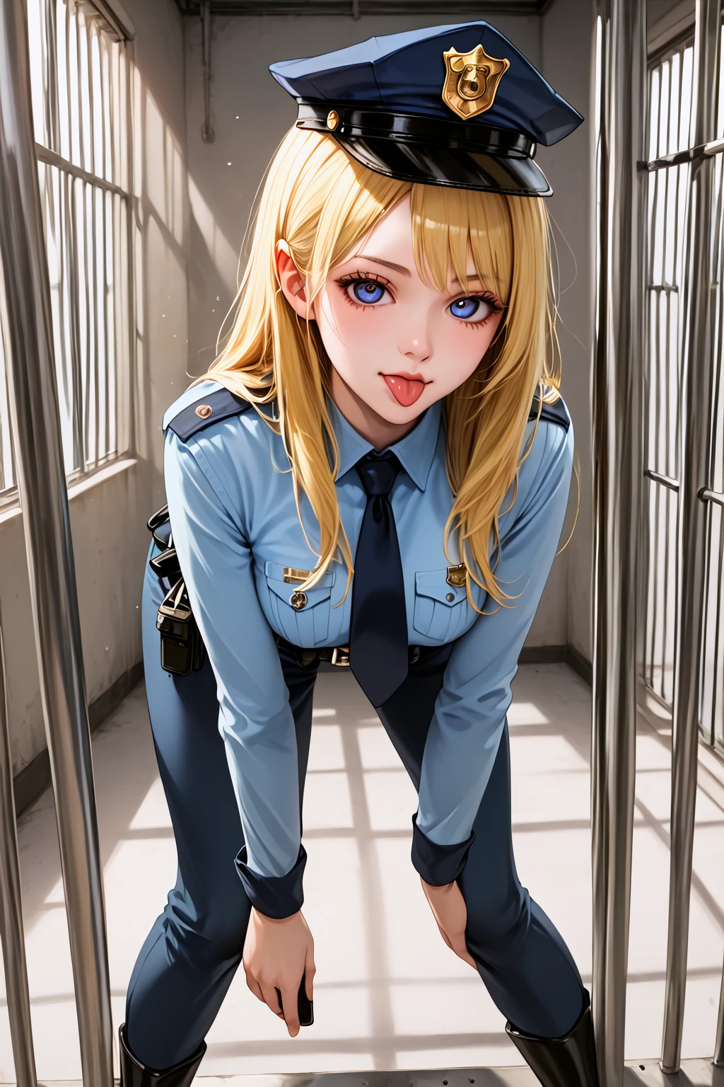 1 girl, blonde hair, medium hair, wavy hair, blue eyes, improvised gag, tape gag, gagged, duct tape, tape bondage, arms behind back, bound arms, large breast, breasts out,  blazer, tie, classroom, cowboy shot, looking at viewer, hair clip,