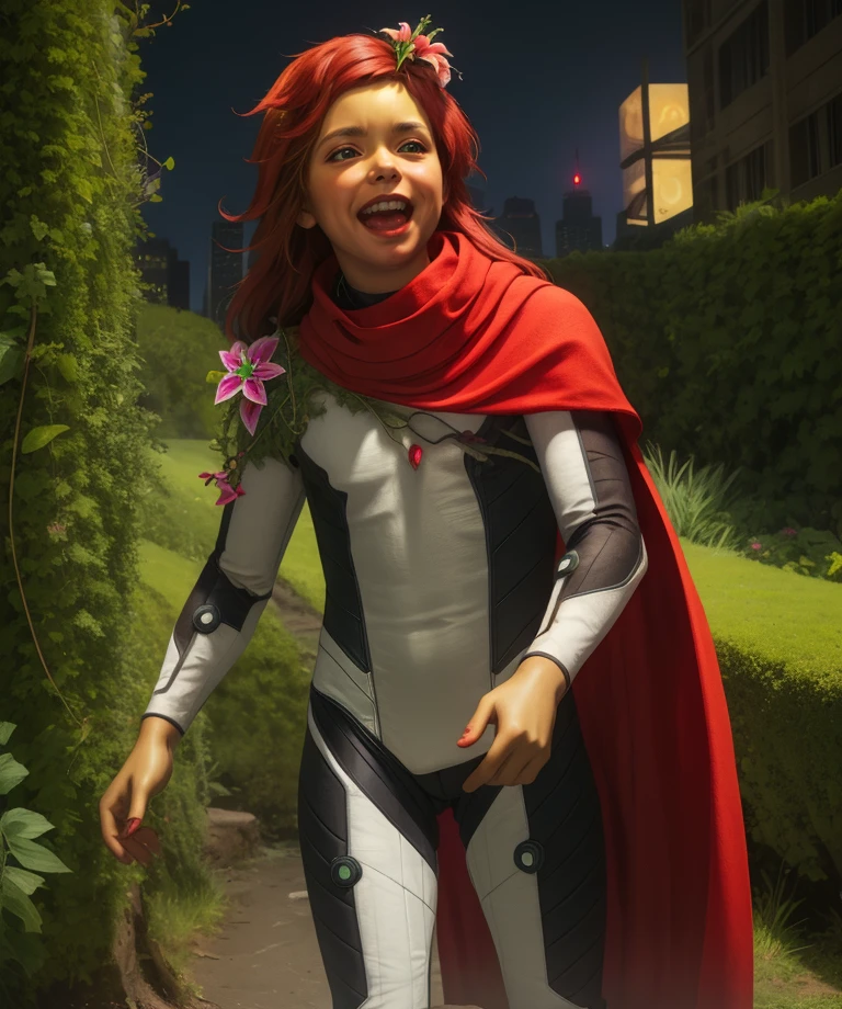 Ivysqq,red hair,black sclera,hair flower,long hair,
bodysuit,red cape,open mouth,
night,large plants,green mist,vines,
light smile,gotham city,
(insanely detailed, masterpiece, best quality),solo,<lora:IvySSQ:0.8>,