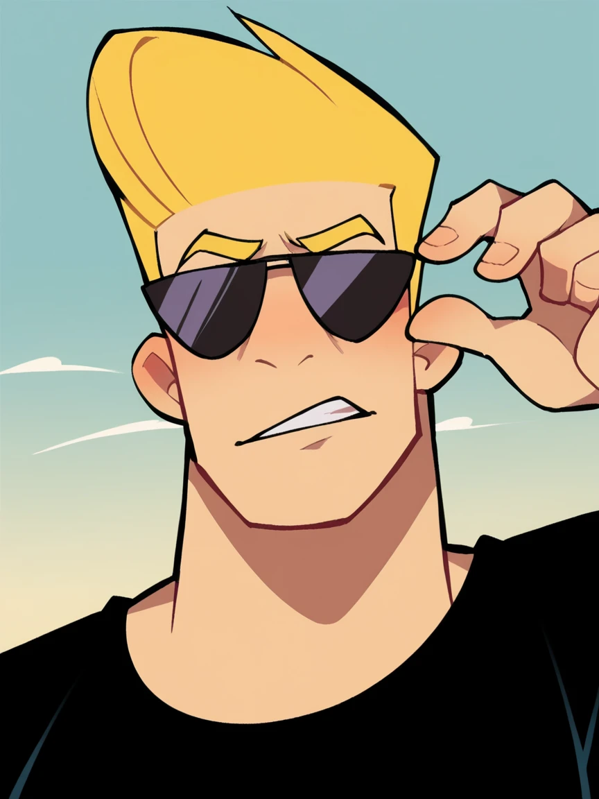 score_9, score_8_up, score_7_up, <lora:JBr4v0XLP:1> jbr4v0, 1boy, solo, blonde hair, black shirt, sunglasses,