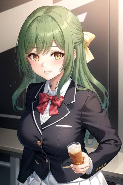 ((masterpiece)),(best quality),official art,extremely delicate and beautiful,extremely detailed CG,unity 8k wallpaper,ultra detailed,beautiful detailed eyes,extremely detailed face,outdoors,1girl,solo,upper body,(portrait:1.5),looking at viewer,facing viewer,smile,Okino Maika,long hair,green hair,half updo,hair ribbon,hair bow,yellow bow,sidelocks,bangs,orange eyes,school uniform,black jacket,blazer,red bowtie,white shirt,collared shirt,long sleeves,large breasts,skindentation,miniskirt,white skirt,pleated skirt,zettai ryouiki,black thighhighs,loafers,black footwear,<lora:Okino Maika(rk):0.7>,