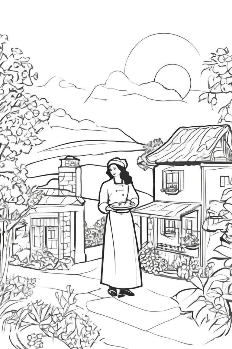 flvcil05 style <lora:style_05_line_art_l2-x_flvcil05_style:1>, woman standing,
chef, hyperdetailed,
Quaint bed and breakfast and sunrise,
high quality, masterpiece, highres,